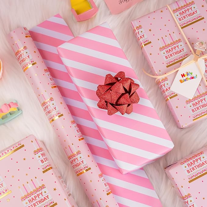 MAYPLUSS Pink Birthday Wrapping Paper Roll - 17 Inch X 33 Feet - Girly Shiny Metallic Pink Birthday Cake Pattern Reversible Gift Wrap Paper Pastel for Girl Baby Shower Wedding Bridal Shower
