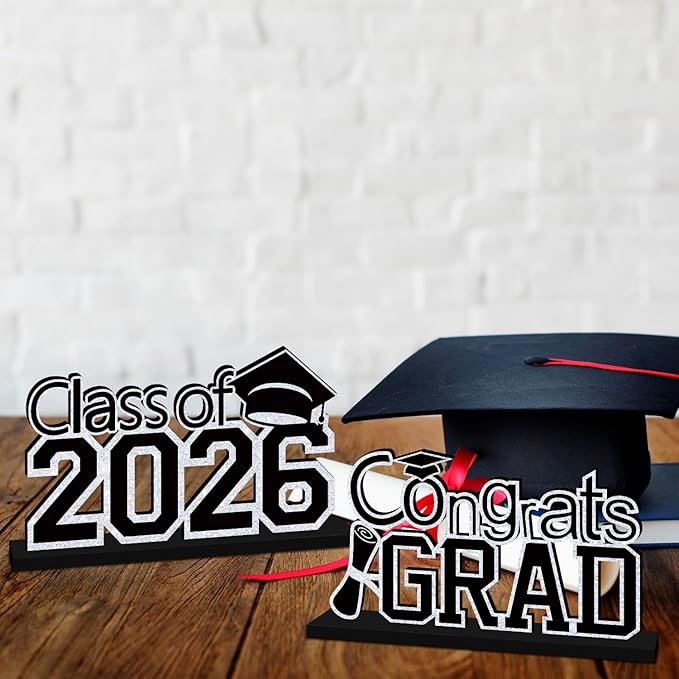 4Pcs Black and Silver Graduation Decorations 2026 Wooden Table Centerpieces Class of 2026 Table Toppers Congrats Grad Tiered Tray Decor for 2026 Graduation Table Decorations