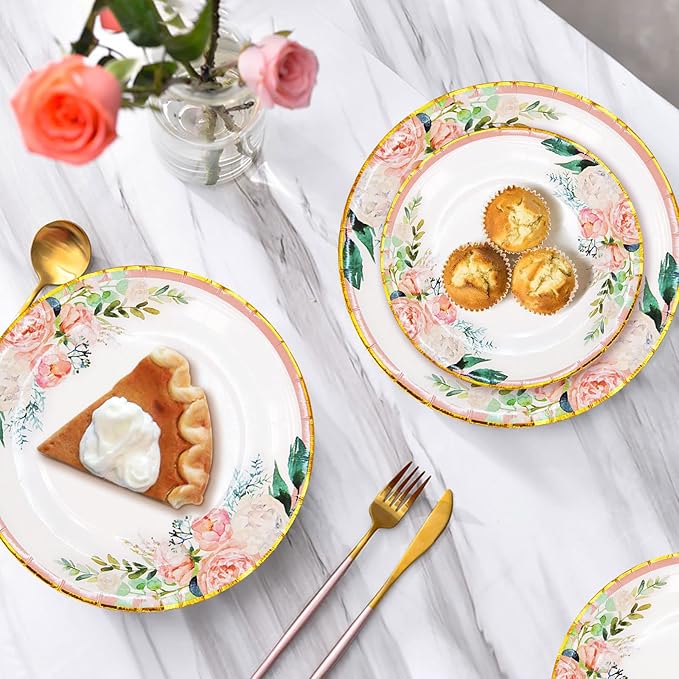 Boosolo Floral Party Supplies - Paper Plates and Napkins Sets for 50 Guests - Include Floral Party Disposable Paper Dinner Plates, Napkins for Baby or Bridal Shower, Birthday, Wedding