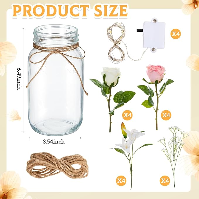 4 Sets Mason Jar with Lights Pink White Flowers Decorative Pink White Centerpieces for Tables Mason Jars Rose Lily Gypsophila Decorations LED Farmhouse Vase for Home Wedding Event Party Decor
