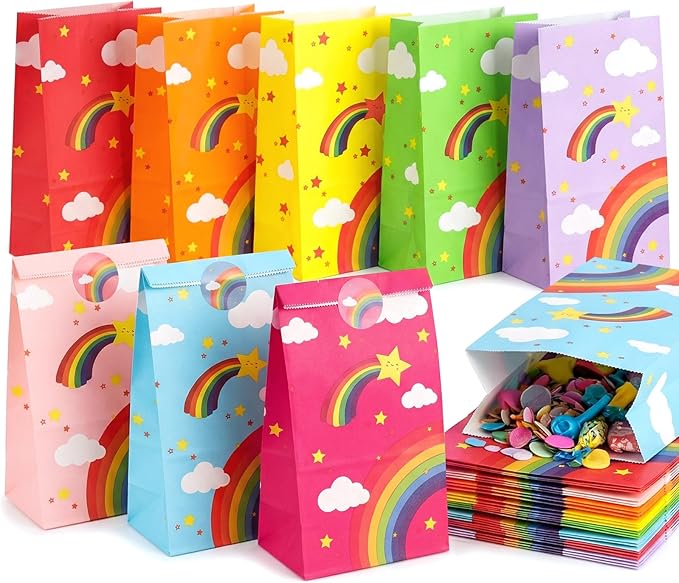 VGOODALL 24 Pack Rainbow Party Favor Bags with Stickers - 8.7"x4.7"x3.1" Colorful Cloud & Star Goodie Bags, 8 Rainbow Colors for Kids Birthday, Baby Shower & School Events