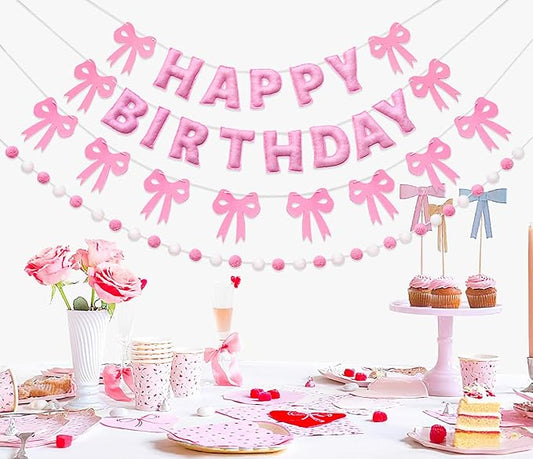 Pre-Strung Pink Bow Birthday Decorations, Reusable Coquette Party Decorations with Wool Felt Happy Birthday Banner, Bow and Felt Ball Garland for Girls Women Baby Shower Pink Bow Theme Decor