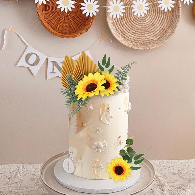 MEMOVAN Sunflower Cake Topper 18pcs Sunflower Cake Decoration with Gold Happy Birthday Cake Topper Sunflowers Golden Palm Eucalyptus Leaves for Sunflowers Boho Summer Birthday Wedding Baby Shower