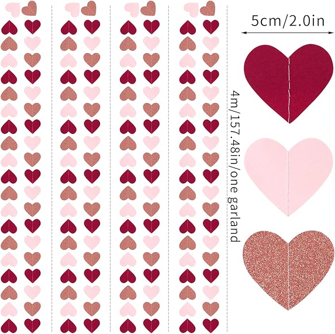 Burgundy-Red Rose-Gold Valentines Party-Decorations Heart-Garland - 52ft Pink Galentines Hanging Streamers Banner,Women Romantic Special Night Wedding Bachelorette Birthday Backdrop Decor Burgleda