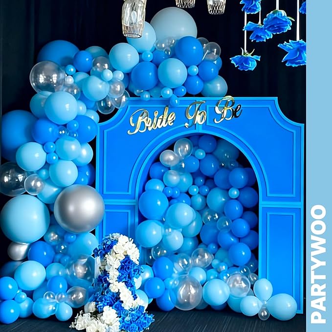 PartyWoo Blue and Silver Balloons 66pcs 12 Inch Light Pastel Baby Metallic Pearl Blue Metallic Chrome Silver Confetti Balloons for Gender Reveal Wedding Baby Shower Birthday Party Decorations