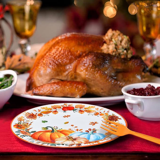 96 Pieces Thanksgiving Pumpkin Tableware Set ??Rustic Sunflower and Pumpkin Disposable Plates, Napkins, and Forks for Fall Dinners, Friendsgiving, Harvest Parties ??Serves 24 Guests