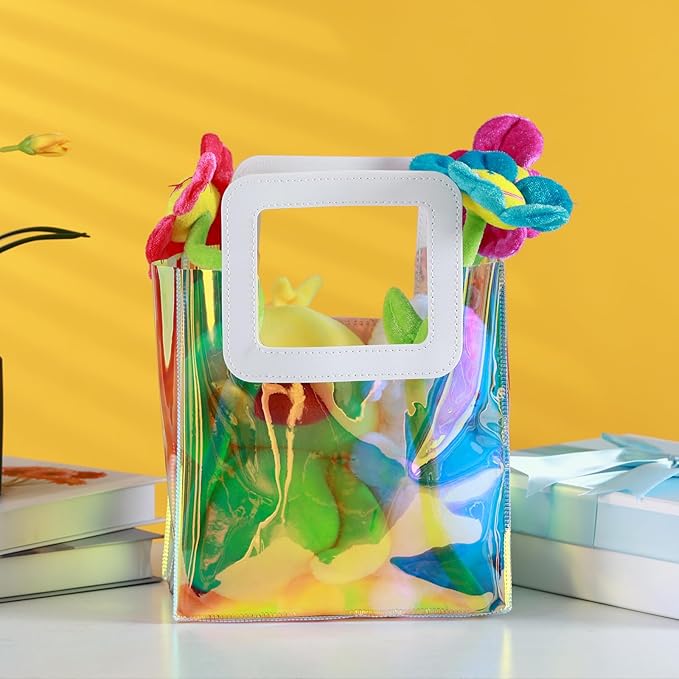 GcFoir 15 Pcs Small Iridescent Gift Bags with Handles 11''x9.8''x5.7'' Holographic Bachelorette Party Favor Bags, Clear Gift Bags with Handles, Reusable PVC Tote Goodie Bags for Party, Christmas