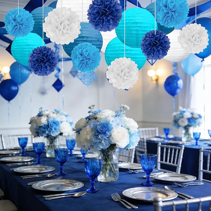 18 PCS Blue White Paper Lanterns & Tissue Paper Pom Poms for Boyss Birthday, Baby Shower, Wedding, Bridal Shower, Hanging Paper Decor for Indoor Outdoor Events Party Supplies
