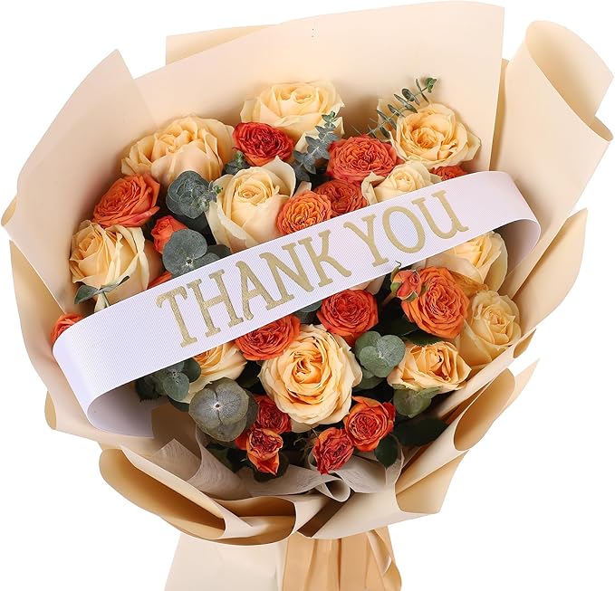 Set of 12 Bouquet Banner Grosgrain Ribbon Tie Wrap Printed Sash Florist Bulk Supply for Floral Arrangements (White - Thank You)