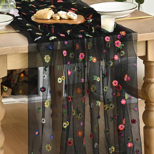 Artoid Mode Black Embroidery Daisy Spring Gauze Table Runner 59x120 Inch 10FT, Seasonal Sheer Kitchen Dining Holiday Wedding Birthday Table Decor for Home Party