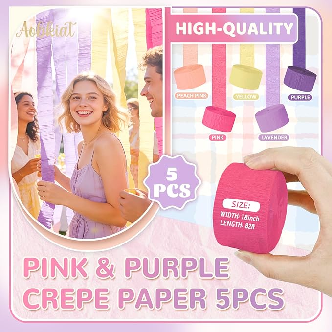 AOBKIAT Purple Pink Streamers Party Decorations,5 Rolls Colorful Crepe Paper Streamers for Birthday Baby Shower Wedding Princess Butterfly Fairy Theme Party,DIY Tassel,1.8 Inch x 82 Ft/Roll