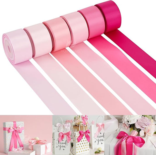 HUIHUANG Pink Satin Ribbon 1 inch Baby/Light/Hot Pink Double-Faced Satin Ribbons for Flower Bouquet, Gift Wrapping, DIY Crafts, Bridal Shower Wedding Decor- 6 Rolls, Total 30 Yards