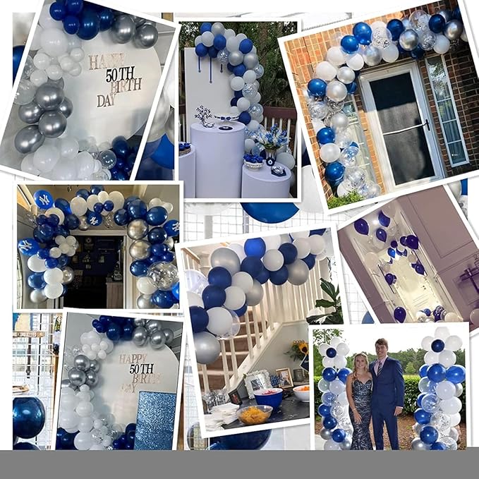 124pcs Blue Silver White Balloons Garland Arch Kit 5/10/12/18 Inch Royal Navy Blue White Metallic Silver Confetti Set for Birthday Wedding Graduation Party Father's Day Decor