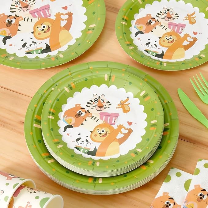 144Pcs Panda Animals Birthday Party Supplies Decorations Animal Themed Paper Plates Napkins Vintage Party Tableware Disposable Dinnerware for Girl Boy Kid Birthday Baby Shower Table Decor, Serve 24