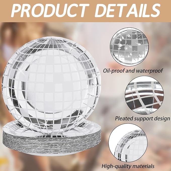 FunisFun Disco Plates 25P Disposable Disco Ball Plates for 70s Disco Party Decorations Wedding Birthday Bachelorette Party 7"