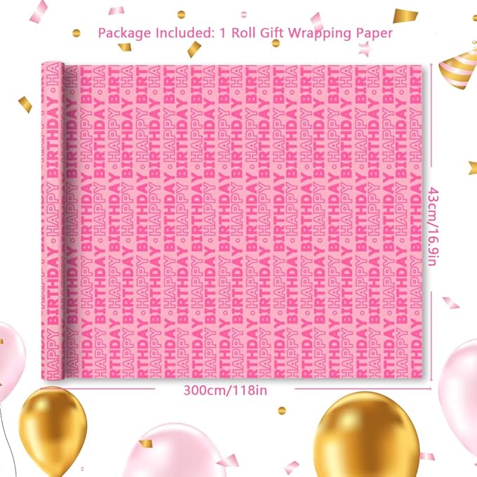 Pink Birthday Wrapping Paper Roll for Girls Kids Women, Pink Happy Birthday Wrapping Paper with Cut Lines on Reverse - 1 Mini Roll 17 X 10 ft Per Roll - Gift Wrap for Birthdays, Holiday, Party