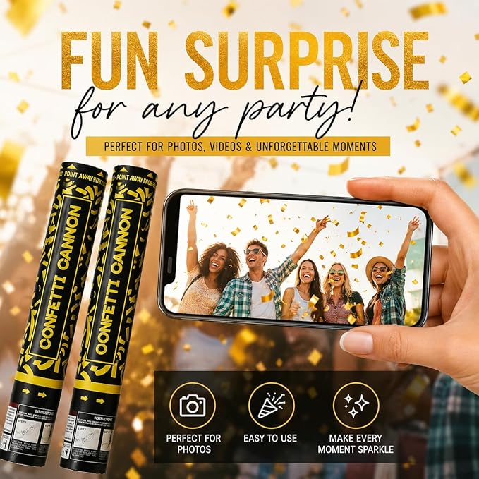 Confetti Cannon Gold Party Poppers 12 Pack Party Cannon Confetti Shooters for Celebrations Wedding Birthday Graduation Golden Foil 12 inch Confetti Poppers for Christmas New Year Eve Parties Supply