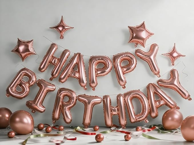 Rose Gold Happy Birthday Banner Balloon Aluminum Foil 16 Inch Letter,10 Inch Five Pointed Star Four Pointed Star Suitable for Kids, Men, Women, Boys and Girls Party Decoration Supplies