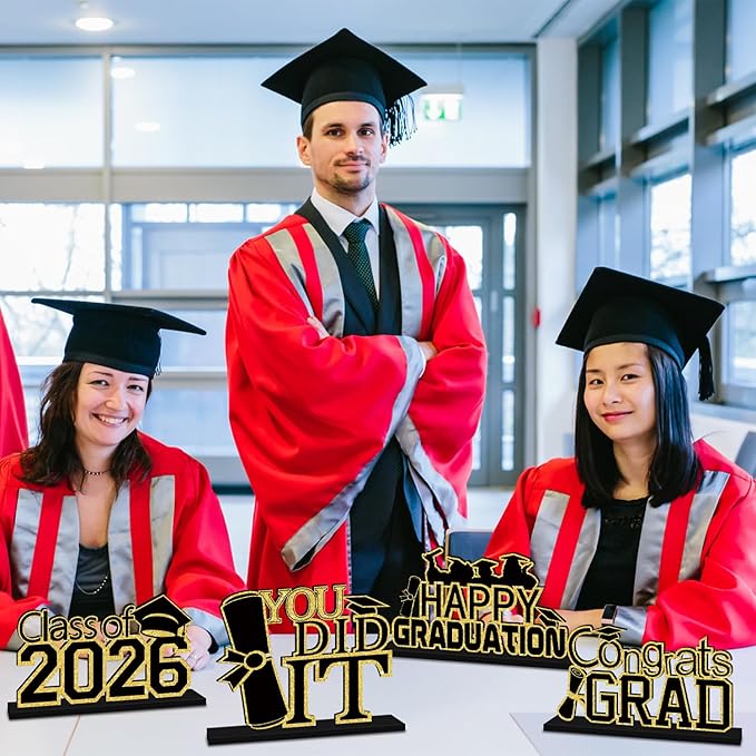 4Pcs Black and Gold Graduation Decorations Class of 2026 Congrats Grad Wooden Table Centerpieces Grad Table Toppers Congratulate Tiered Tray Decor for 2026 Graduation Decorations