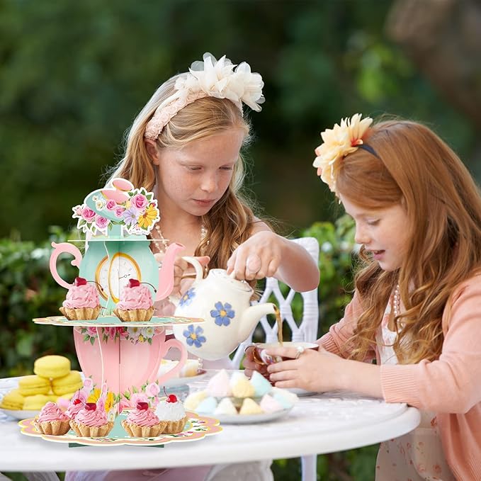 Zopeal 3 Tier Floral Tea Party Cupcake Stand Decorations Spring Vintage Teapot Cupcake Holder Talking Dessert Tower for Flower Theme Baby Shower Princess Birthday Wedding Supplies