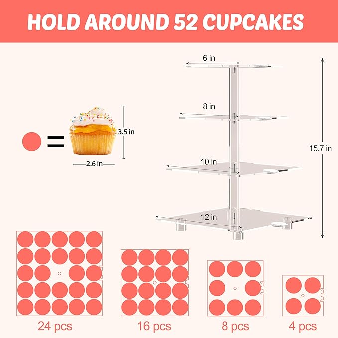 weddingwish 4 Tier LED Cupcake Stand, Clear Acrylic Cupcake Tower with Rechargeable Light, Cupcake Holder for 50 Cupcakes, Cupcake Dessert Display Stand for Parties,Weddings,Birthdays,Baby Shower