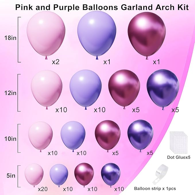 Pink and Purple Balloons Garland Arch Kit, Metallic Pink and Purple Latex Balloons for Girl Women Birthday Bridal Baby Shower Party Decoration