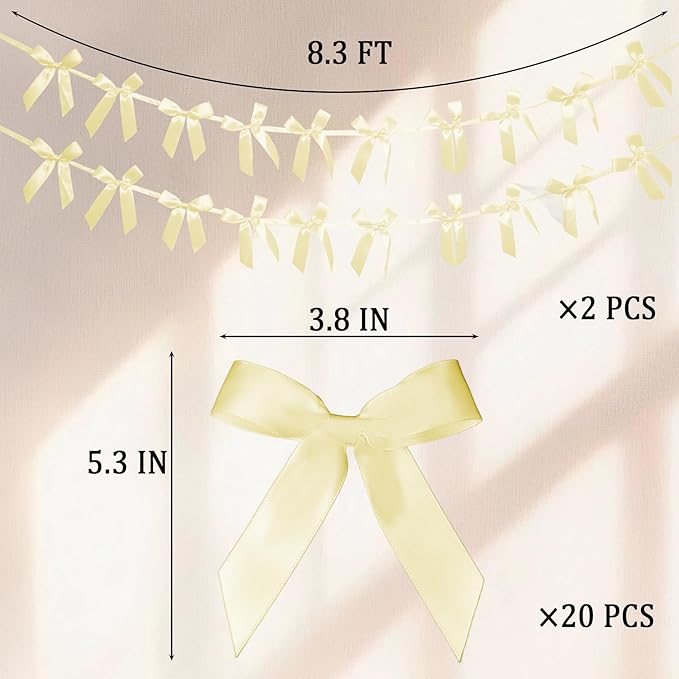 2pcs Light Yellow Bow Garland Banner - 8.3 Feet Coquette Ribbon Bow Decorations for Baby Shower, Birthday Party, Bridal Shower Decor (Yellow)