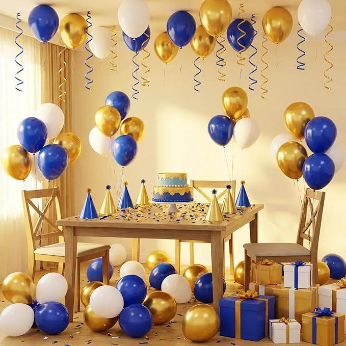 Hiquaty Blue and Gold Balloons,60pcs Royal Blue Balloons,12 Inch Blue and White Balloons with Blue Ribbon for New Year Party Wedding Bridal Shower Decorations
