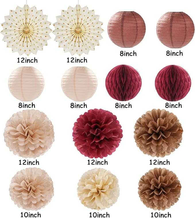 Brown Burgundy Champagne Boho Party-Decorations - 14pcs Rustic Wedding Paper Lanterns Fan,Tissue Pom Poms Streamers,Honeycomb,Fall Autumn Birthday Baby Bridal Shower Engagement Decor Lasting Surprise