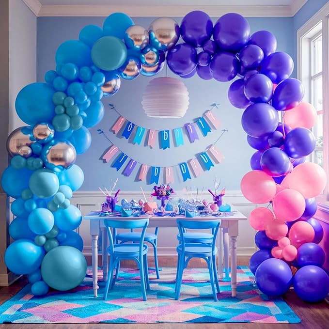 Blue Purple Balloon Arch Garland Kit, Purple Pink Blue Metallic Silver Balloons for Kids Birthday Hawaii Tropical Party Supplies Video Gaming Baby Shower Party Decorations