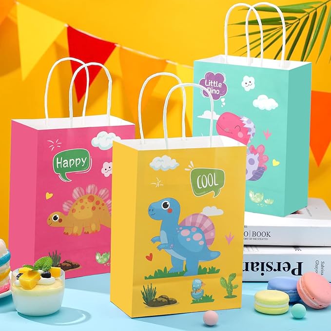 20Pcs Dinosaur Party Favor Bags with Handles, Cartoon Dinosaur Kraft Paper Gift Wrap Bags, Kids Goodie Treat Bags for Boys Girls Dinosaur Theme Birthday Baby Shower Party Supplies