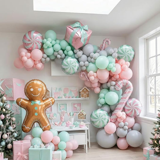 Christmas Balloon Garland Arch kit green pink balloon with Gingerbread Balloon Cane Candy Foil Balloons for Christmas Party Decorations Xmas New Year Birthday Party Supplies globos de navidad