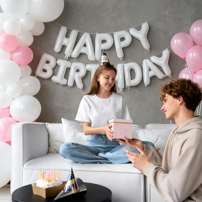 White Happy Birthday Balloon Banner 16 Inch - White Birthday Decorations Happy Birthday Sign Reusable Foil Letters Balloons Suitable for Men, Women Party Decorations,Birthday Decor Party Supplies
