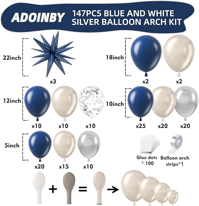 Navy Blue Silver White Balloon Arch Kit, Double Stuffed Pearl Sand White Royal Dark Blue Chrome Silver Confetti Balloons Garland Kit for Birthday Graduation 2026 New Years Party Decoration