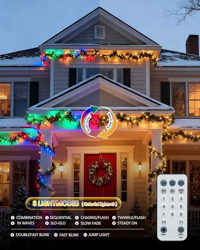 Outdoor String Lights, 328FT 1000 LED Fairy Lights, IP65 Waterproof Outside with Remote, 8 Lighting Modes Dimmable Timer Hanging LED Lamp for Camping Garden Patio Christmas Decor Yard Fence Tree