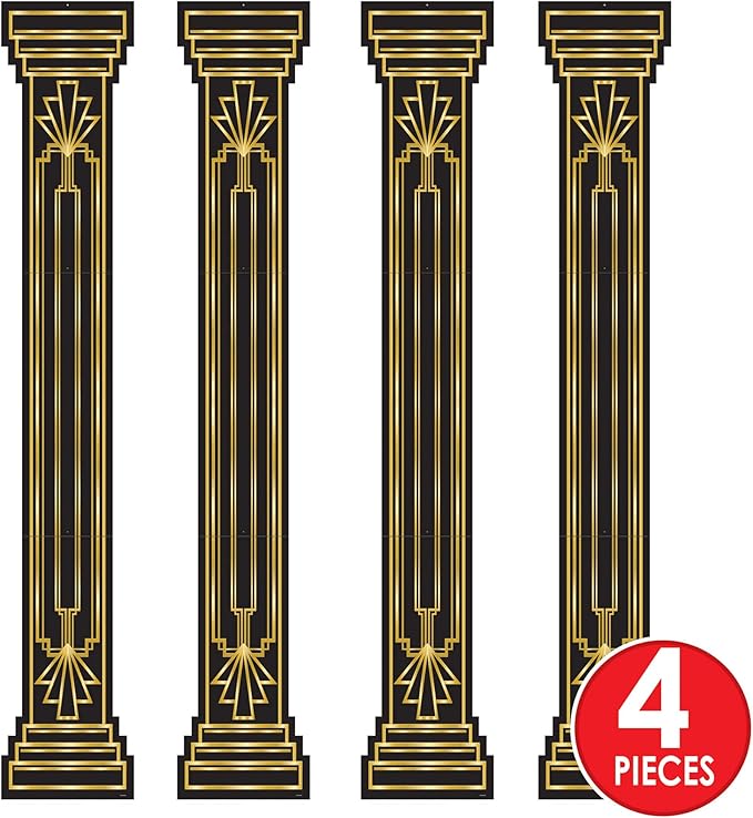 Beistle 4 Piece Roaring 20's Column Pull Down Cut Outs 1920's Theme Awards Night Party Decorations, Black/Gold