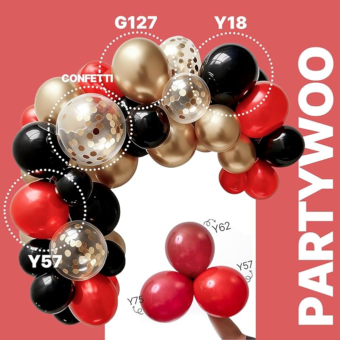 PartyWoo Red Black and Gold Balloon Arch Kit Garland 142pcs Different Sizes of 18 12 10 5 Inch Matte Black Red Metallic Gold Confetti Balloons for New Year's Eve Graduation Birthday Party Decorations
