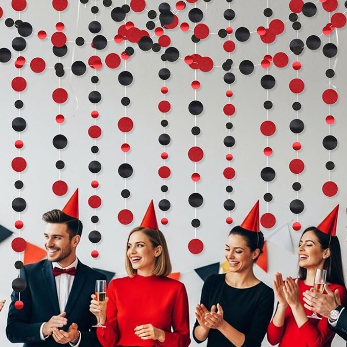 Outus 10 Pieces Black,Red Round Dots Garland Graduation Party Hanging Decor Each Length 13.1ft Glitter Paper Dot Streamers for Birthday Wedding Classroom Supplies