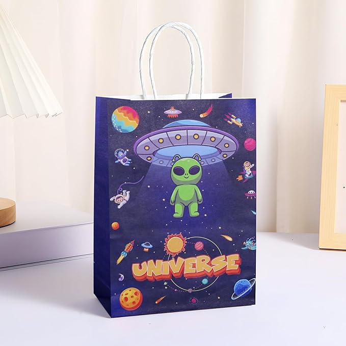 JALEBRO 24PCS outer space alien astronaut theme Party Favors Gift Bags Bulk with Handle, Paper Snack Treat Goodie Bag for Space Goody Bags Birthday Party Decorations Supplies 8"x5.9"x3.1" (space)