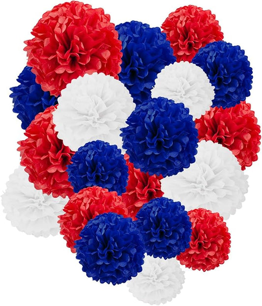 Capesaro Red White and Blue Tissue Paper Pom Poms, 15PCS Tissue Paper Flowers for or 4th of July Patriotic Graduation Birthday Wedding Nautical Baseball Theme Party Decoration
