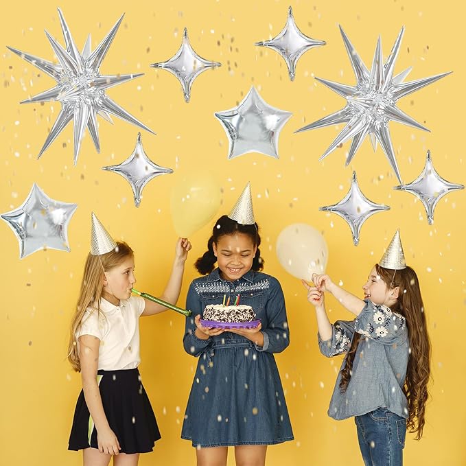 TONIFUL 30Pcs Silver Explosion Star Foil Balloons Set Four Pointed Star Shape Foil Balloons Star Mylar Foil Balloons for Birthday Wedding Baby Shower Anniversary Engagement Party Decorations Supplies