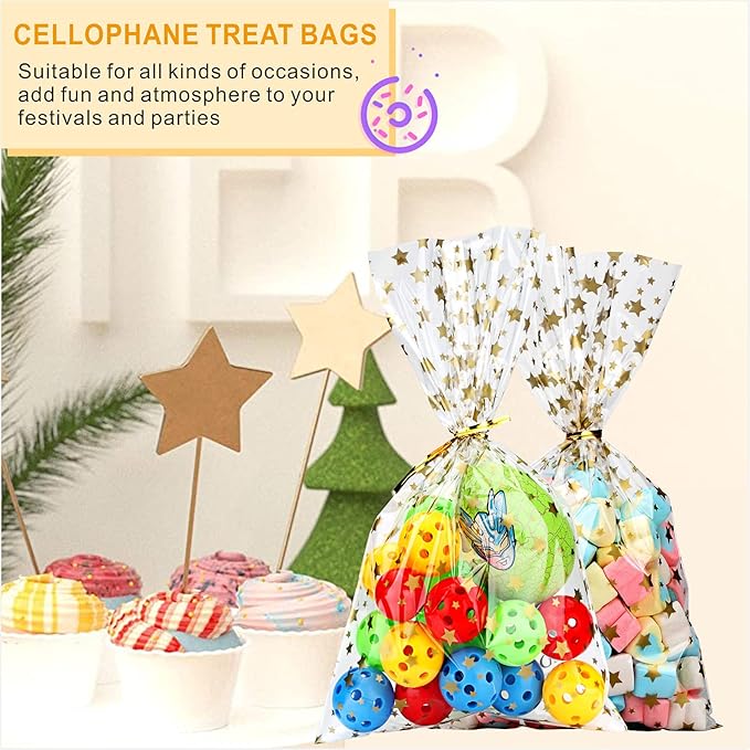 100 Pcs Cellophane Treat Bags,5 X 11 Inches Gold Star Clear Cellophane Bags,Twist Ties,for Gift Wrapping,Packaging Candies,Dessert,Bakery, Cookies, Chocolate,Party Favor