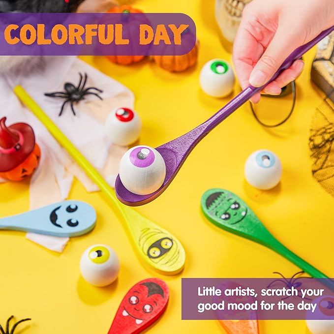 JOYIN Halloween Egg and Spoon Race Game Set; 6 Eyeballs and Spoons with Assorted Colors for Kids Adults Halloween Outdoor Fun Games, Party Favor Supplies, Classroom Activities