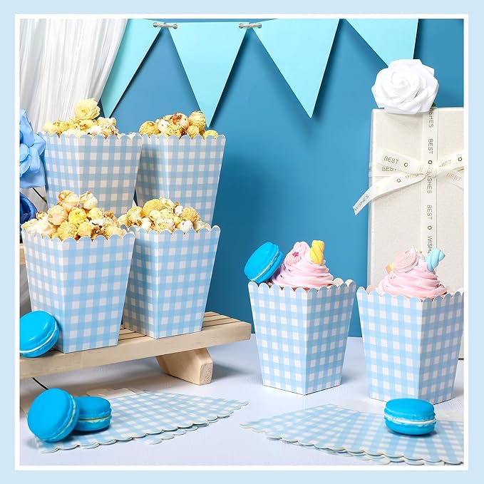 Gueevin 100 Pcs Blue Gingham Popcorn Boxes with Scalloped Mini Popcorn Boxes Small Gingham Blue Party Favor Bulk for Movie Night Decorations Bridal Baby Shower Party Supplies