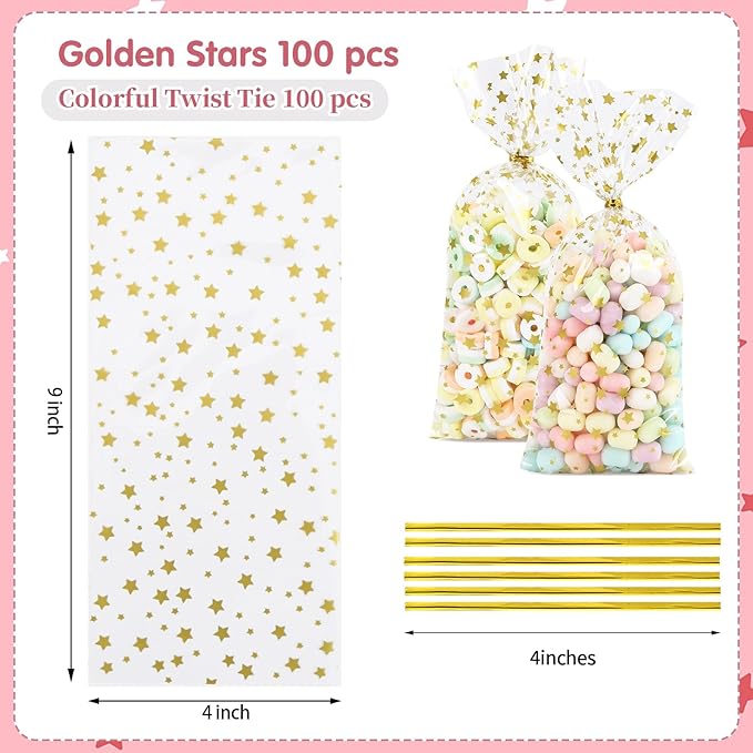 100Pcs Cellophane Treat Bags,4 X 9 Inches Gold Star Printed Clear Cellophane Bags,100 Twist Ties, for Cookies, Chocolate, Bakery, Party Favors, Gift Wrapping, Holiday & Classroom Gifts
