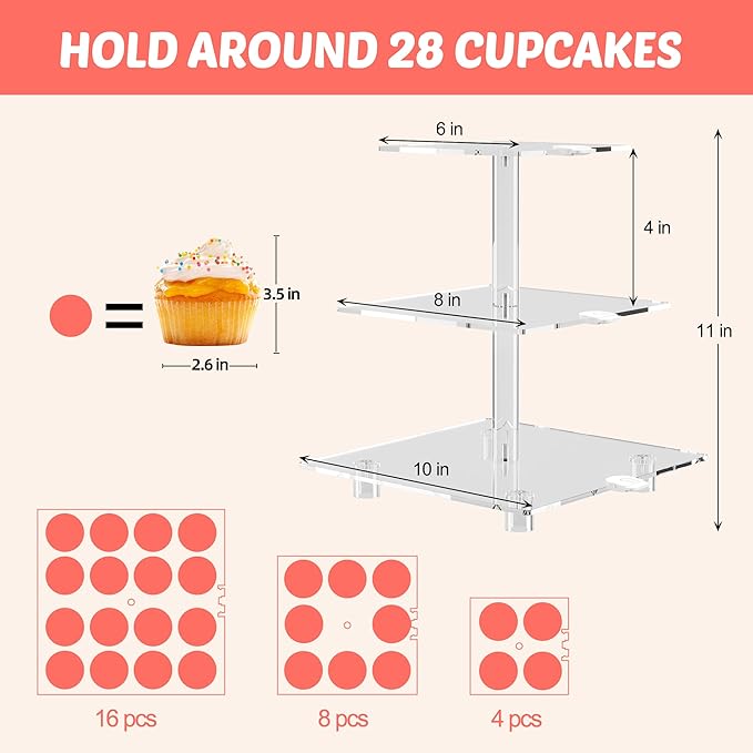 LED Acrylic Cupcake Stand, 3 Tier Cupcake Stand with Rechargeable Light, Clear Cupcake Tower Stand 24 Cupcakes, 7 color Cupcake Display Stands for Weddings, Birthdays,Party,Graduation