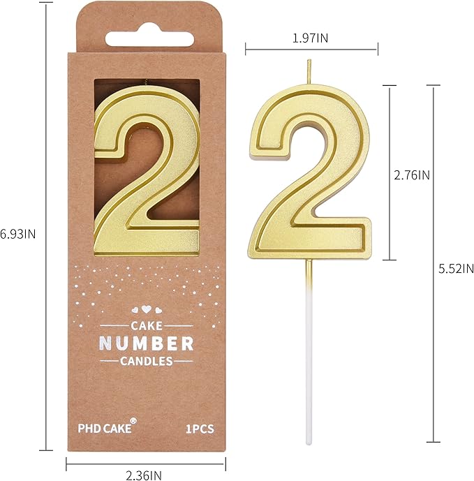 PHD CAKE 2.76 Inch Luxe Gold 2 Number Birthday Candles, Gold Number Candles, Cake Number Candles, Party Celebration