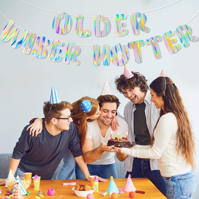 Iridescent Older Wiser Hotter Banner, Pre-Strung Funny Birthday Decorations for Women Gift, Cute Party Sign for 30th 40th 50th 60th 70th 80th Photobooth Backdrop