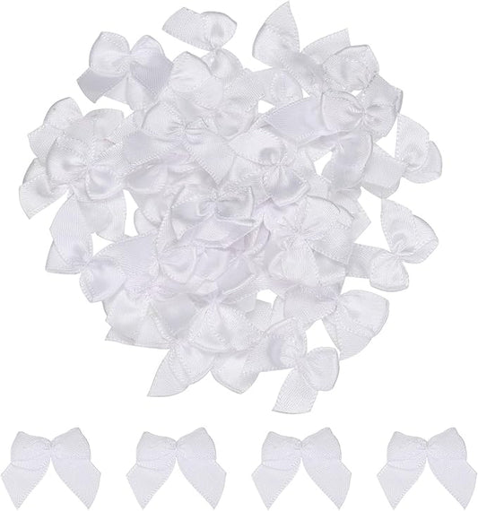 MECCANIXITY 50Pcs Mini Ribbon Bow 1" Mini Fabric Satin Ribbon Flower Bows for Craft DIY Sewing Wedding Birthday Party White