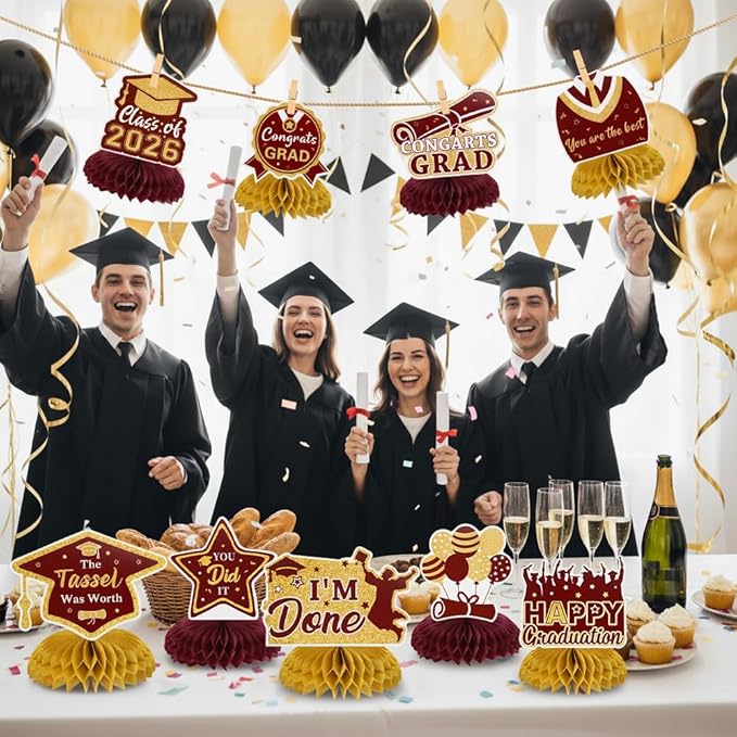 Graduation Decorations Class of 2026 Honeycomb Centerpieces, 9PCS Graduation Centerpieces for Tables, Congrats Grad Table Toppers for 2026 Law Nursing Police Doctoral Graduation Party Decor (Red Gold)